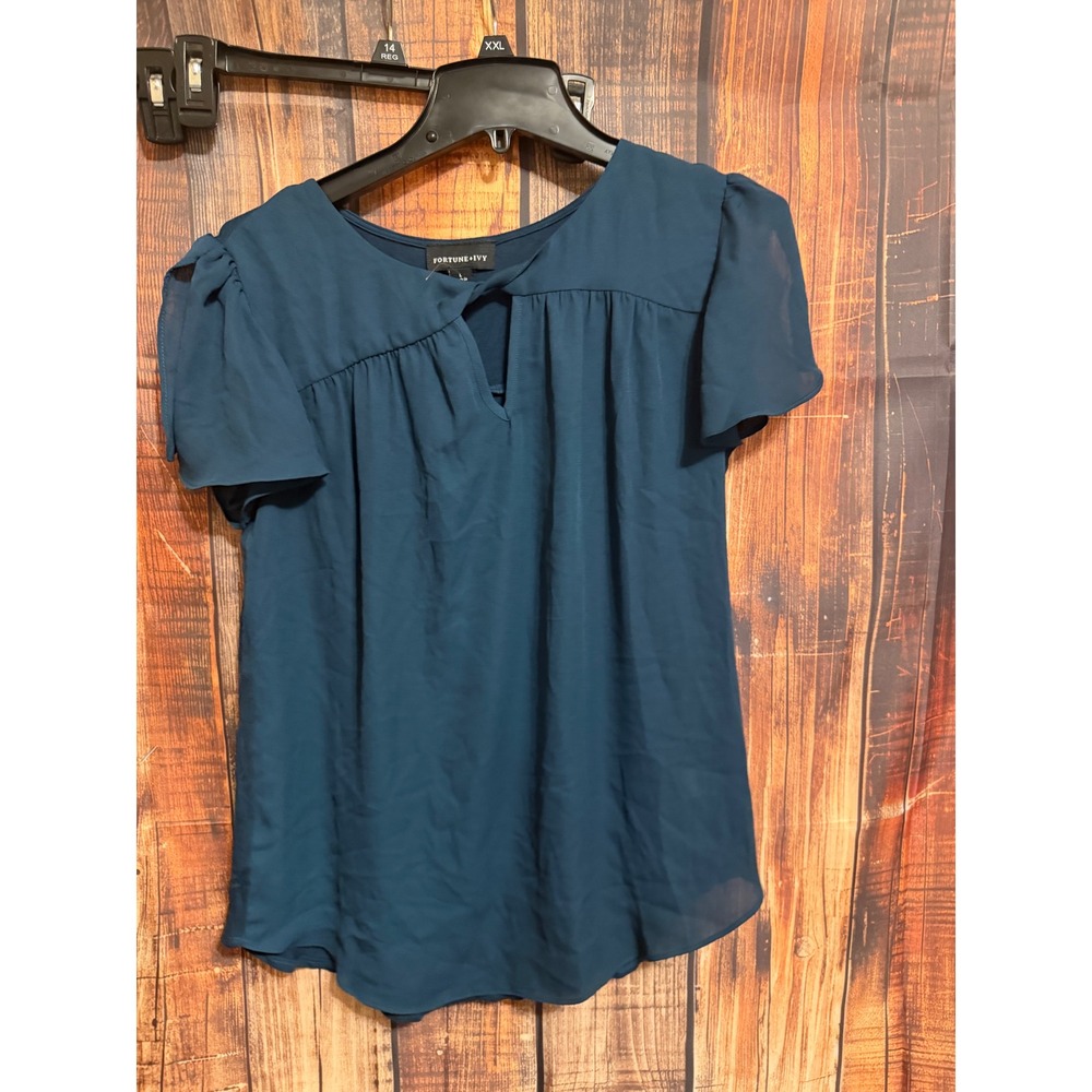 Fortune + Ivy Teal Keyhole Flutter Sleeve Blouse Top Large